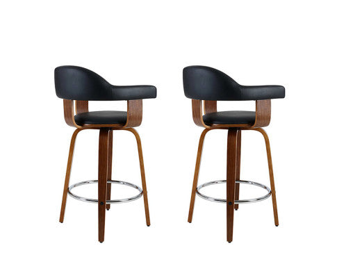 SET OF 2 BAR STOOLS - WOOD, CHROME & BLACK