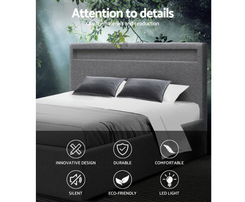COLE LED & GAS LIFT BED FRAME - QUEEN BED GREY