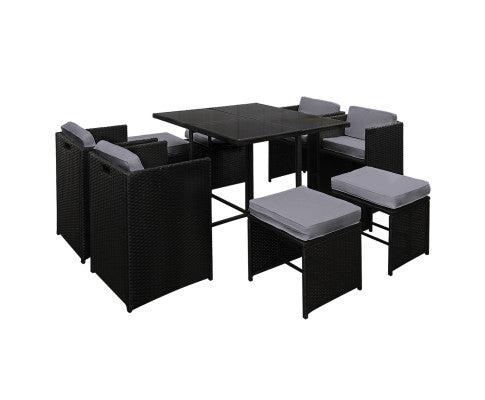 HAWAII 9PCE WICKER OUTDOOR DINING SETTING - BLACK