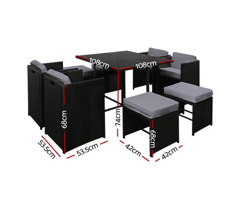 HAWAII 9PCE WICKER OUTDOOR DINING SETTING - BLACK