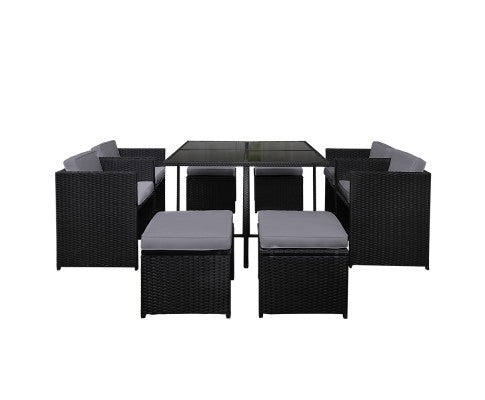HAWAII 9PCE WICKER OUTDOOR DINING SETTING - BLACK