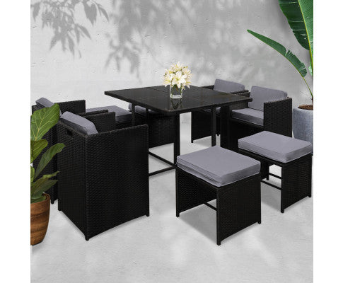 HAWAII 9PCE WICKER OUTDOOR DINING SETTING - BLACK