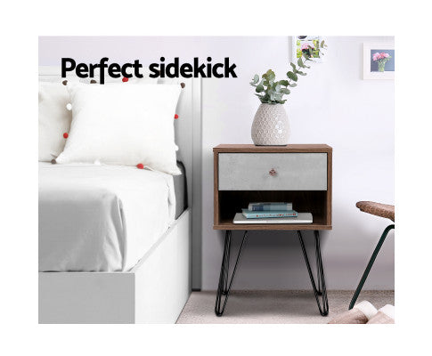 BEDSIDE TABLE NIGHT STAND - GREY & WALNUT