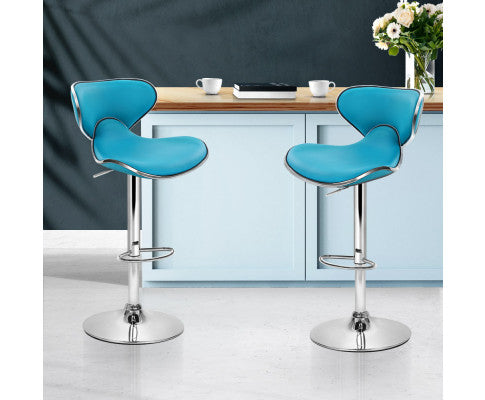 SET OF 2 PU CURVED BAR STOOLS - TEAL BLUE