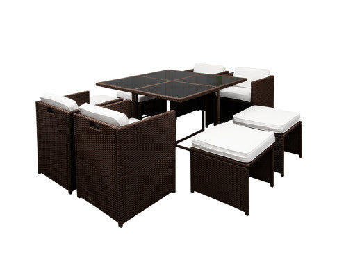 HAWAII 9PCE WICKER OUTDOOR DINING SETTING - BROWN