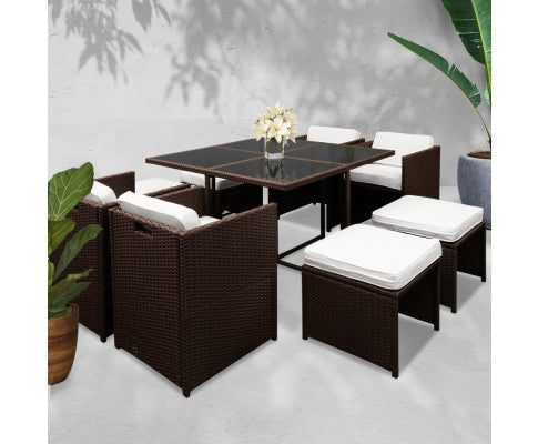 HAWAII 9PCE WICKER OUTDOOR DINING SETTING - BROWN