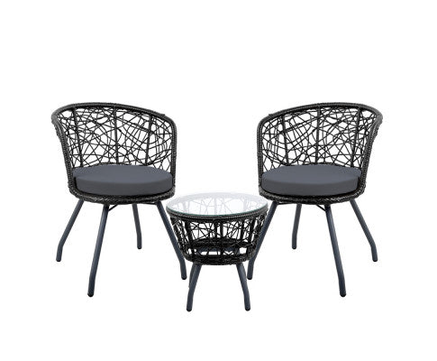3PCE OUTDOOR PATIO CHAIRS AND TABLE - BLACK