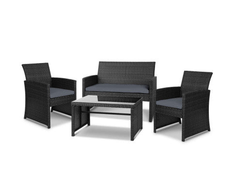 4PCE WICKER OUTDOOR COFFEE TABLE AND CHAIRS - BLACK