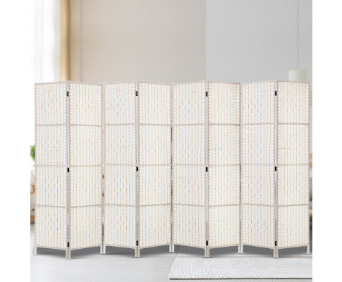8 PANEL ROOM DIVIDER PRIVACY SCREEN RATTAN - WHITE
