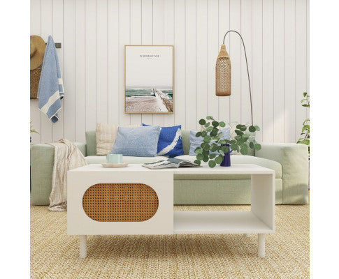 RATTAN COFFEE TABLE IN WHITE